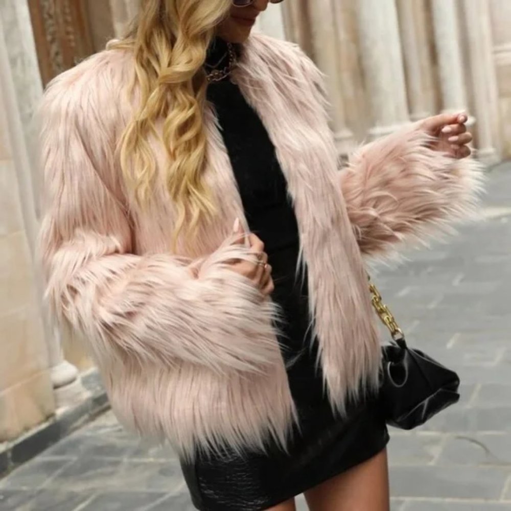 Pink glamorous luxurious vegan fur coat